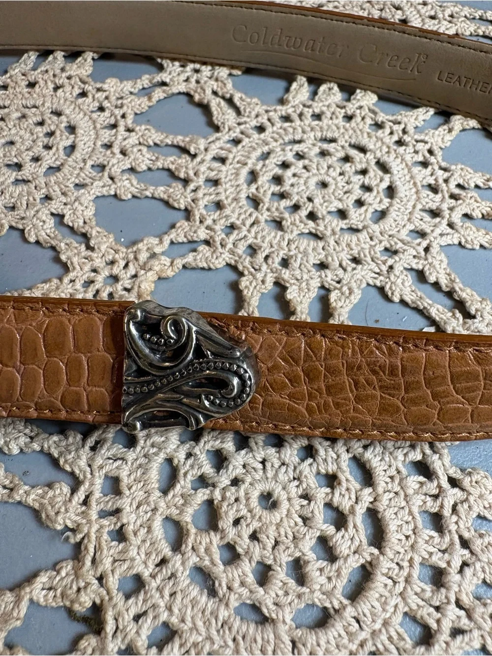 Coldwater Creek Tooled Tan Croc-Embossed Leather Belt with Ornate Silver Buckle